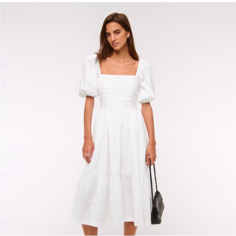 Abercrombie & Fitch Emerson White Linen Puff Sleve Midi Dress
